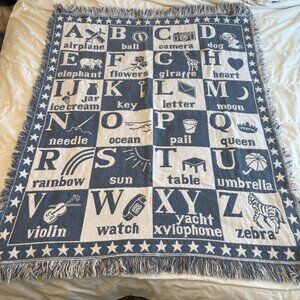 Vintage Blue/White Cotton Alphabet Tapestry Blanket Baby Toddler Nursery Decor